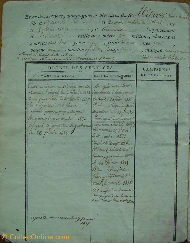 militaria livres revues catalogues livret 1838 gendarme departemental metayer