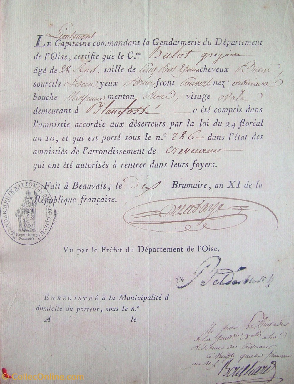 1803 Attestation d'amnistie d'un déserteur, fait par le Lieutenant de Gendarmerie de l'Oise documents anciens historiques 1803 attestation amnistie un deserteur fait par le lieutenant de gendarmerie de oise