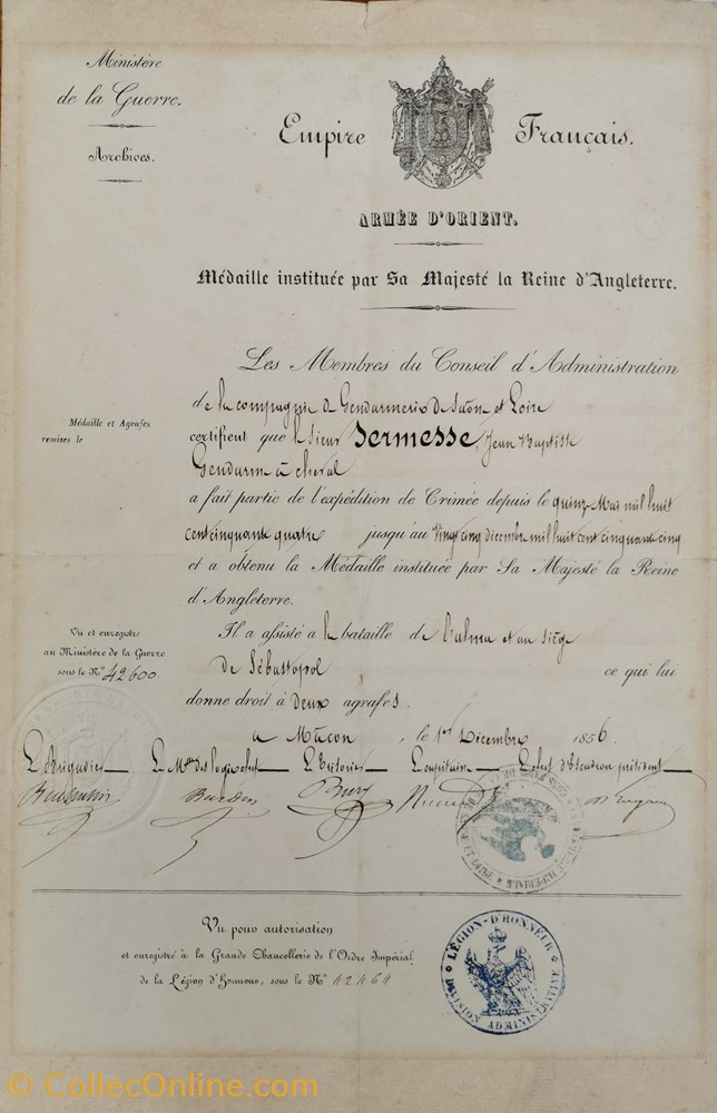 militaria medailles insignes 1856 diplome de la medaille de la campagne de crimee avec 2 agrafes