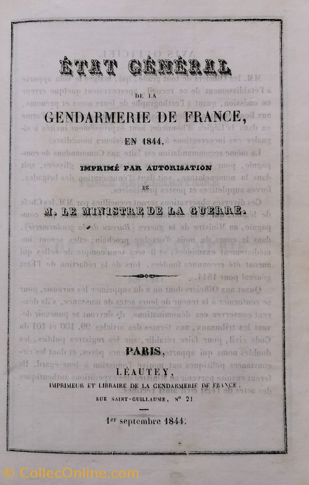 militaria livres revues catalogues 1844 etat general de la gendarmerie de france