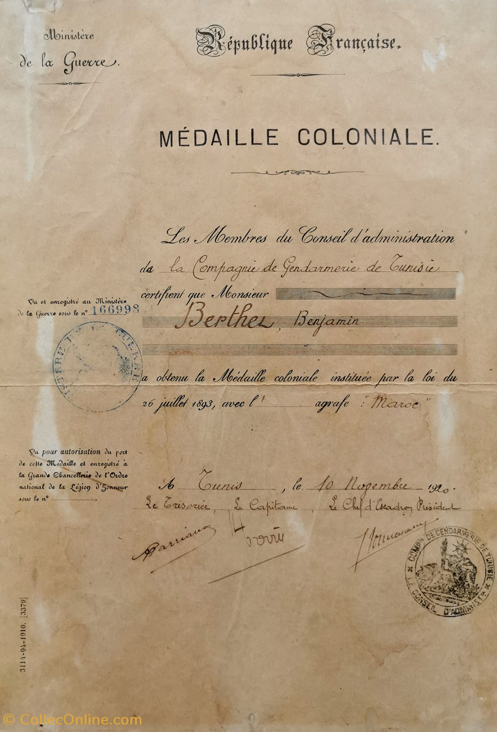 1920 Diplôme de la Médaille Coloniale avec agrafe Maroc militaria medailles insignes 1920 diplome de la medaille coloniale avec agrafe maroc