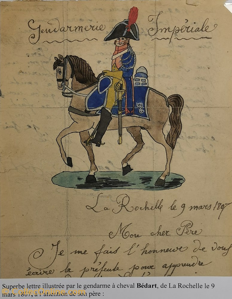 1807 Lettre illustrée par un Gendarme Impérial à cheval militaria police gendarmerie 1807 lettre illustree par un gendarme imperial a cheval