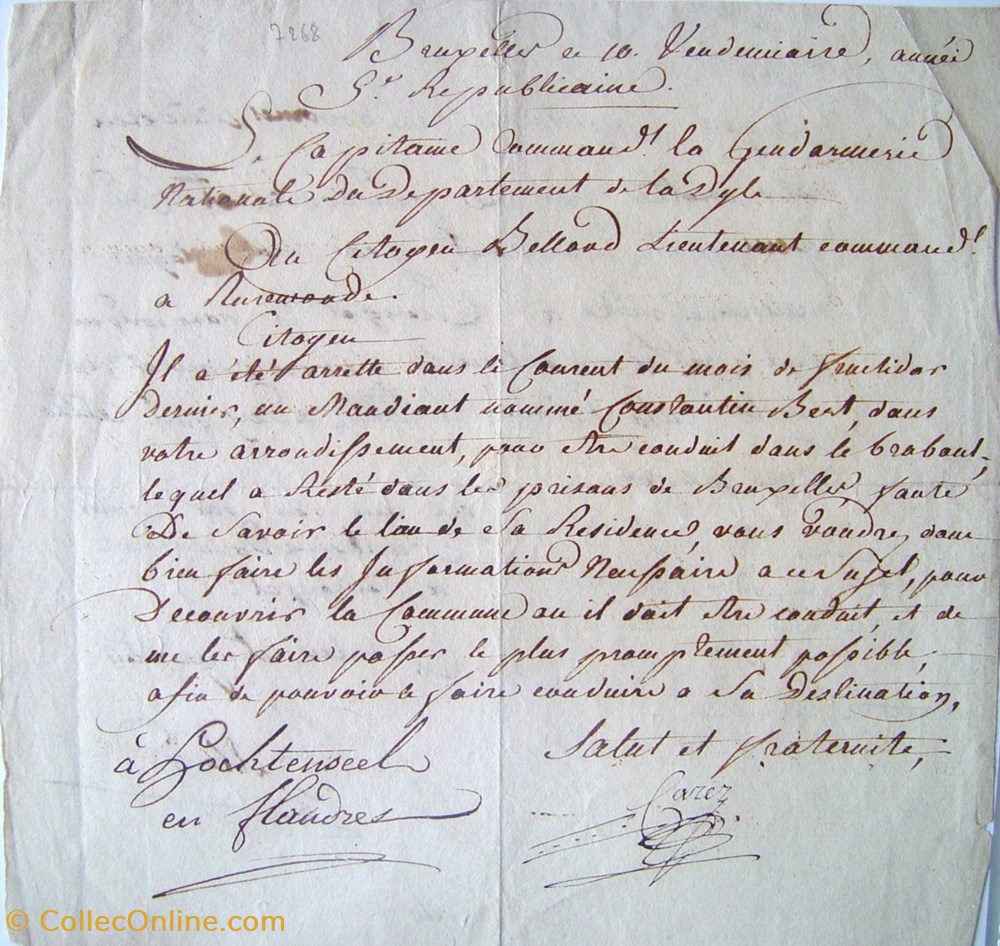 1796 Lettre du Capitaine de la Gendarmerie du département de la Dyle documents anciens historiques 1796 lettre du capitaine de la gendarmerie du departement de la dyle
