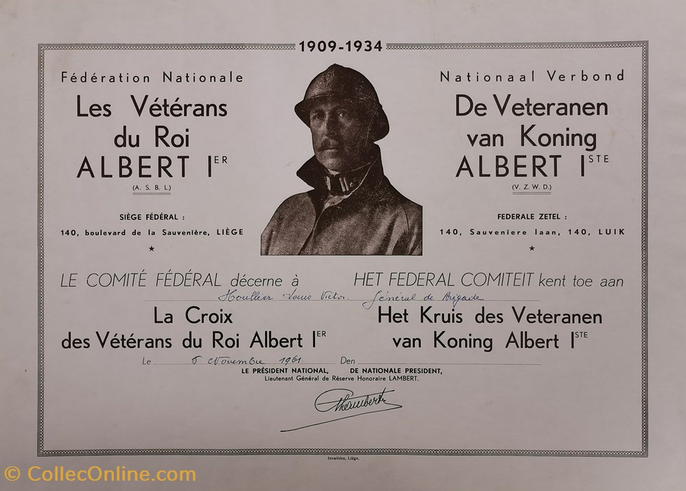 militaria medailles insignes 1961 diplome de la croix des veterans du roi albert 1er de belgique