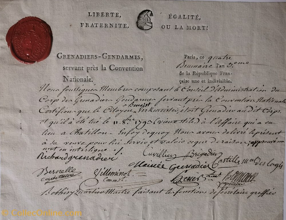 Grenadiers Gendarmes de la Convention Nationale vieux papiers documents historiques grenadiers gendarmes de la convention nationale