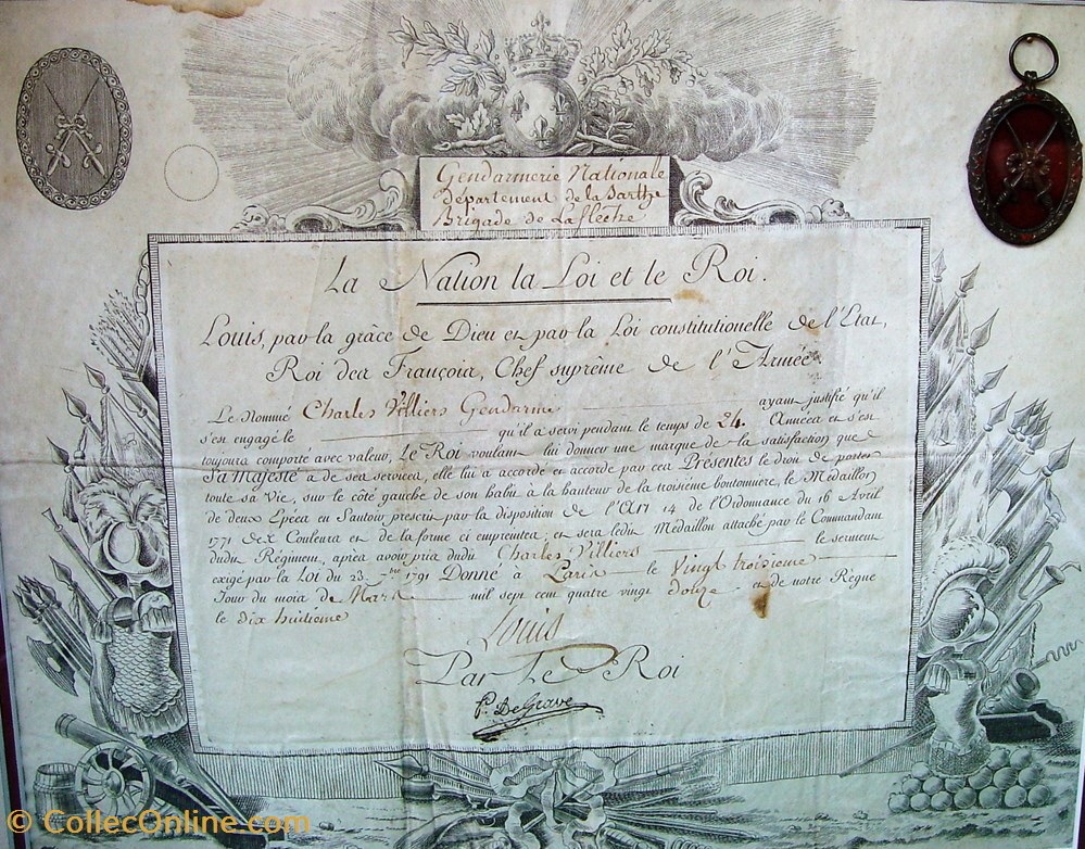 1792 Brevet du Médaillon des deux Epées, avec le Médaillon militaria medailles insignes 1792 brevet du medaillon des deux epees avec le medaillon