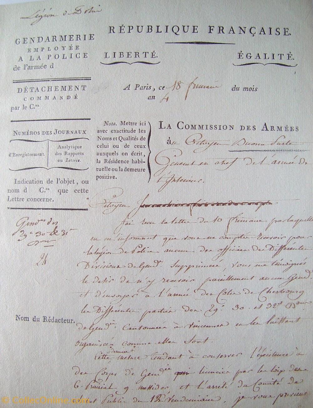 1795 Commission de la Gendarmerie aux Armées adressé au Citoyen BUONAPARTE ( BONAPARTE - NAPOLEON ) documents anciens historiques 1795 commission de la gendarmerie aux armees adresse au citoyen buonaparte bonaparte napoleon