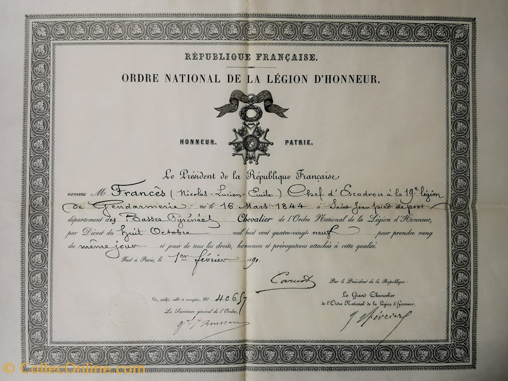 militaria medailles insignes 1890 diplome de chevalier de ordre national de la legion honneur