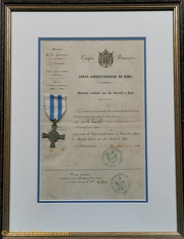 1868 Diplôme et Médaille dite de Mentana du Corps Expéditionnaire de Rome militaria medailles insignes 1868 diplome et medaille dite de mentana du corps expeditionnaire de rome