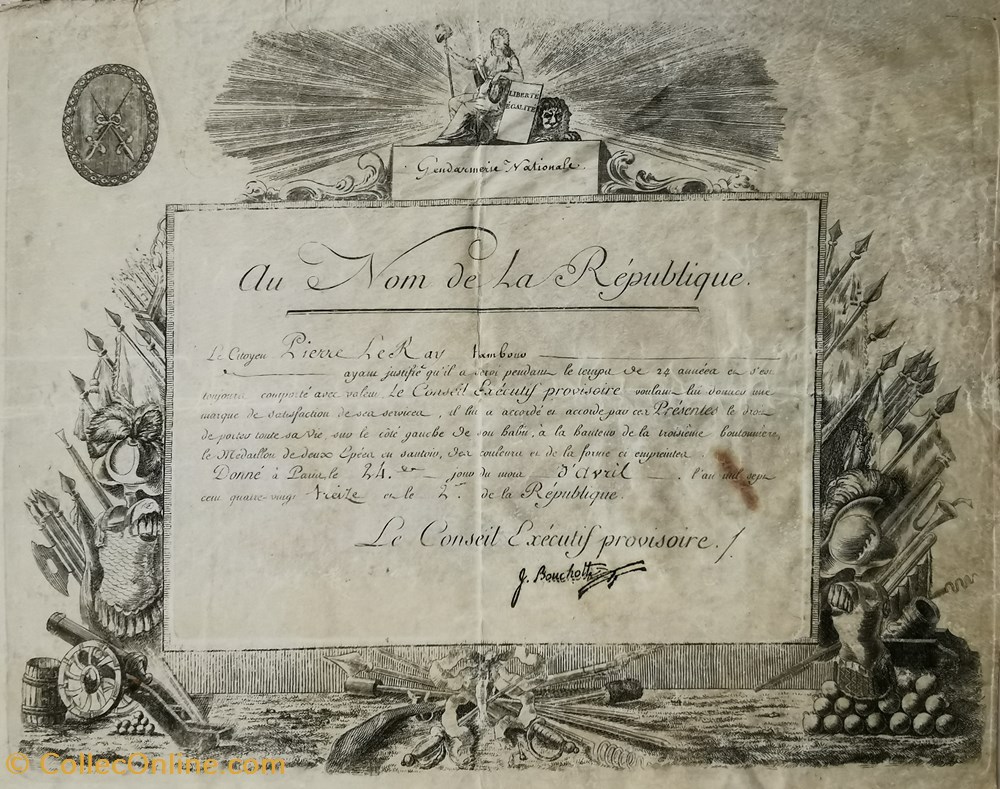 1793 Brevet du Médaillon des deux Epées militaria medailles insignes 1793 brevet du medaillon des deux epees