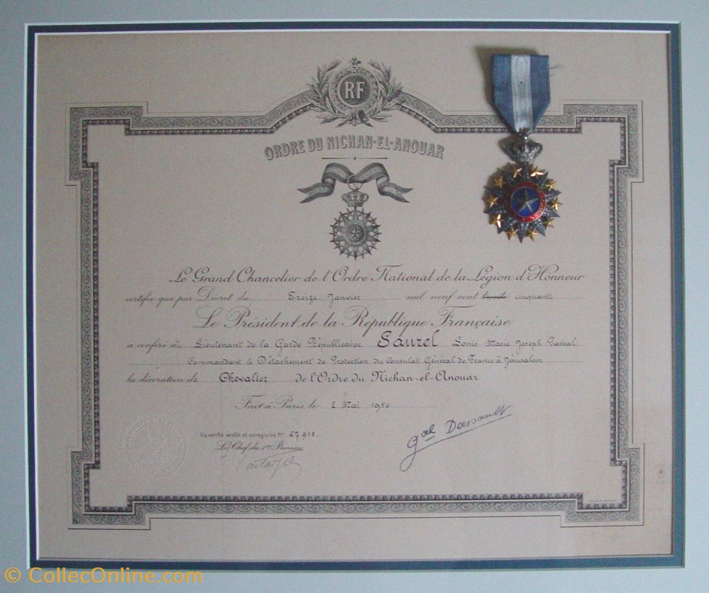 militaria medailles insignes 1950 diplome et medaille de chevalier de ordre du nichan el anouar