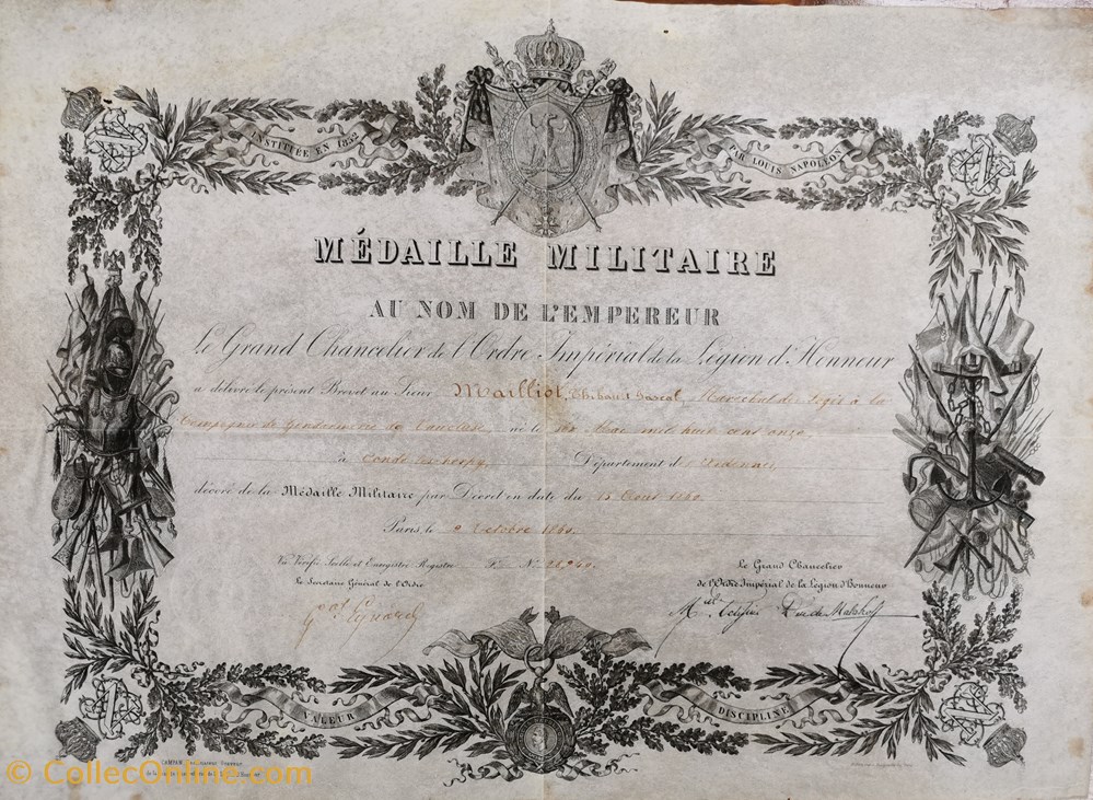 militaria medailles insignes 1860 diplome de la medaille militaire