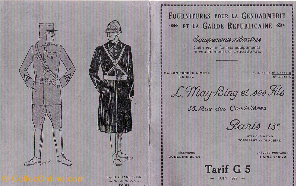 1929 Fourniture pour la Gendarmerie et la Garde Républicaine - par May-Bing et ses Fils militaria livres revues catalogues 1929 fourniture pour la gendarmerie et la garde republicaine par may bing et ses fils