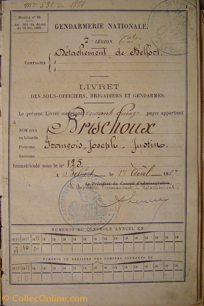 militaria livres revues catalogues livret 1887 gendarme national a pied brischoux