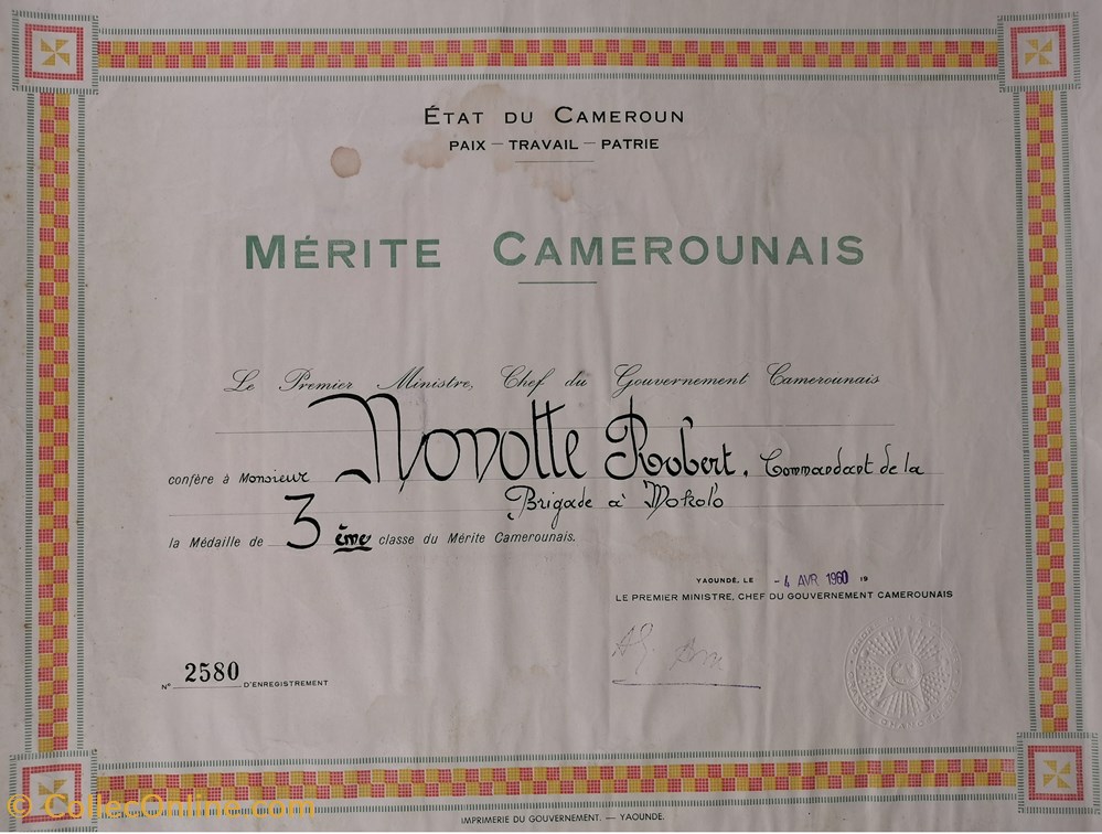 1960 Diplôme de la médaille de 3ème classe du Mérite Camerounais militaria medailles insignes 1960 diplome de la medaille de 3eme classe du merite camerounais