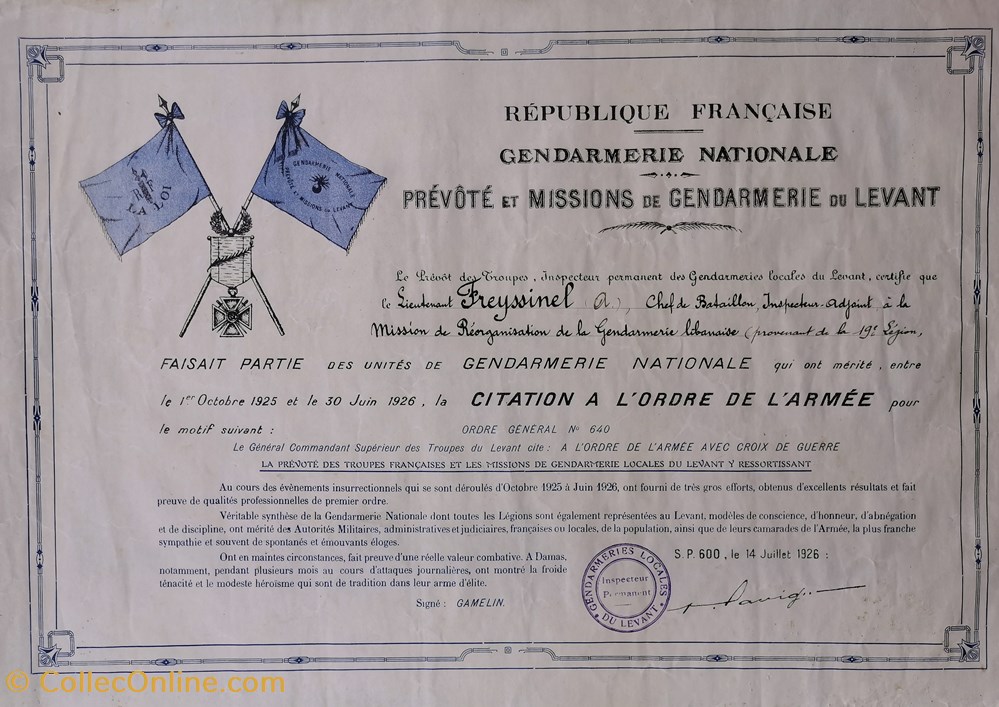 1926 Diplome De Croix De Guerre Pour Citation A L Ordre De L Armee