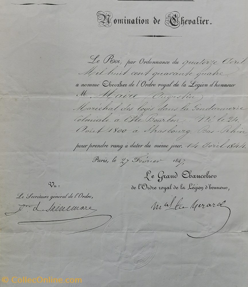 militaria medailles insignes 1847 diplome de chevalier de la legion honneur