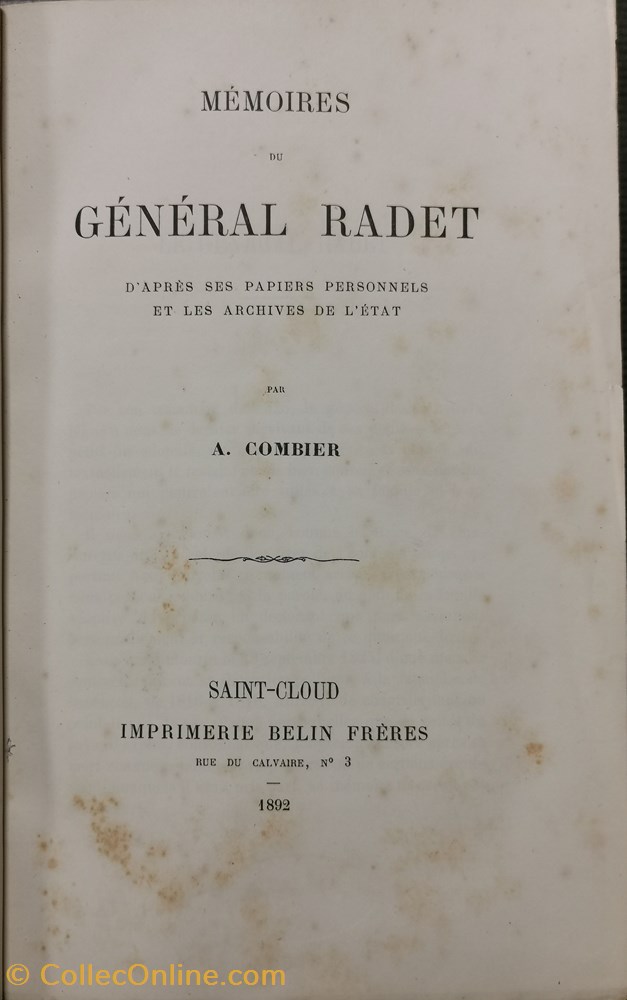 1892 Mémoires du Général RADET militaria livres revues catalogues 1892 memoires du general radet