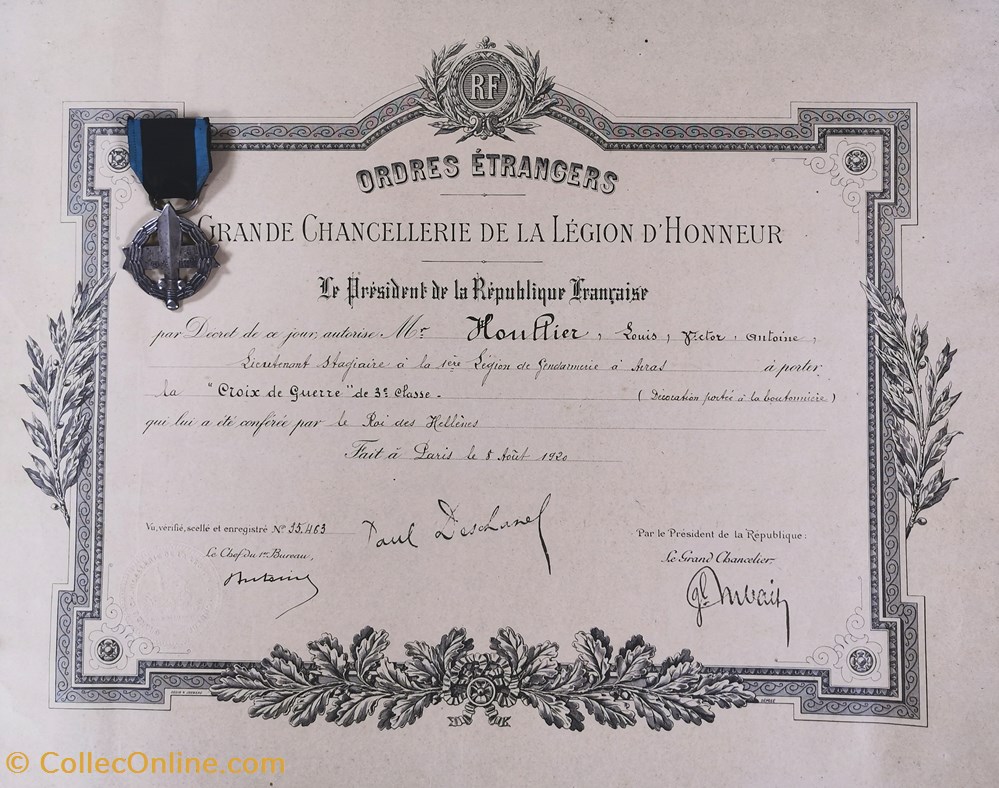 1920 Diplôme et Médaille de la Croix de guerre de 3e classe de la Grèce militaria medailles insignes 1920 diplome et medaille de la croix de guerre de 3e classe de la grece
