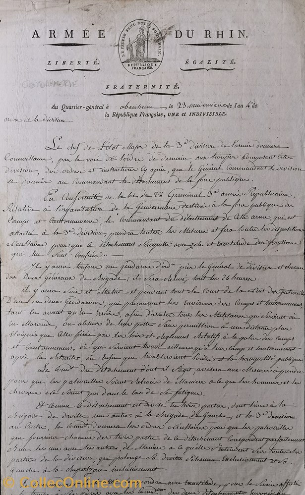 Armée du Rhin le 15 octobre 1795 doc3 documents anciens historiques armee du rhin le 15 octobre 1795 doc3