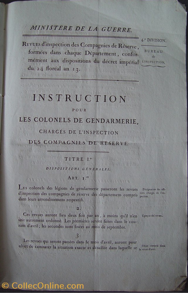 1808 Instruction pour les Colonels de Gendarmerie chargés de l'inspection des Compagnies de Réserve 2 militaria livres revues catalogues 1808 instruction pour les colonels de gendarmerie charges de inspection des compagnies de reserve