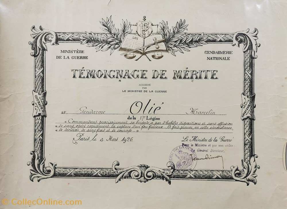 1926 Témoignage de Mérite à un gendarme militaria medailles insignes 1926 temoignage de merite a un gendarme