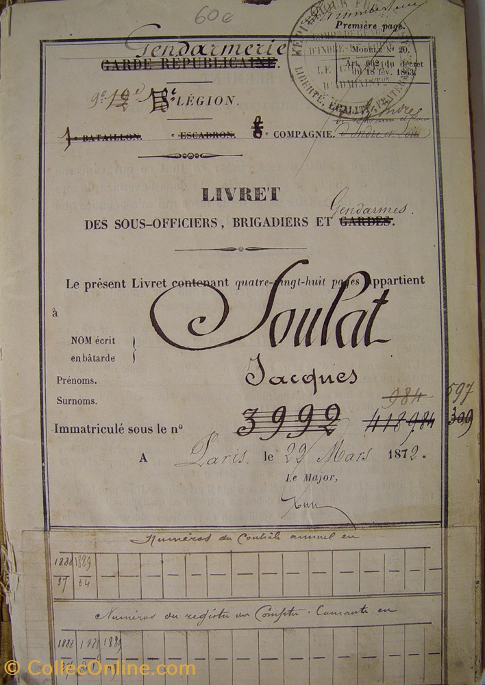 militaria livres revues catalogues livret 1872 gendarme national a pied soulat