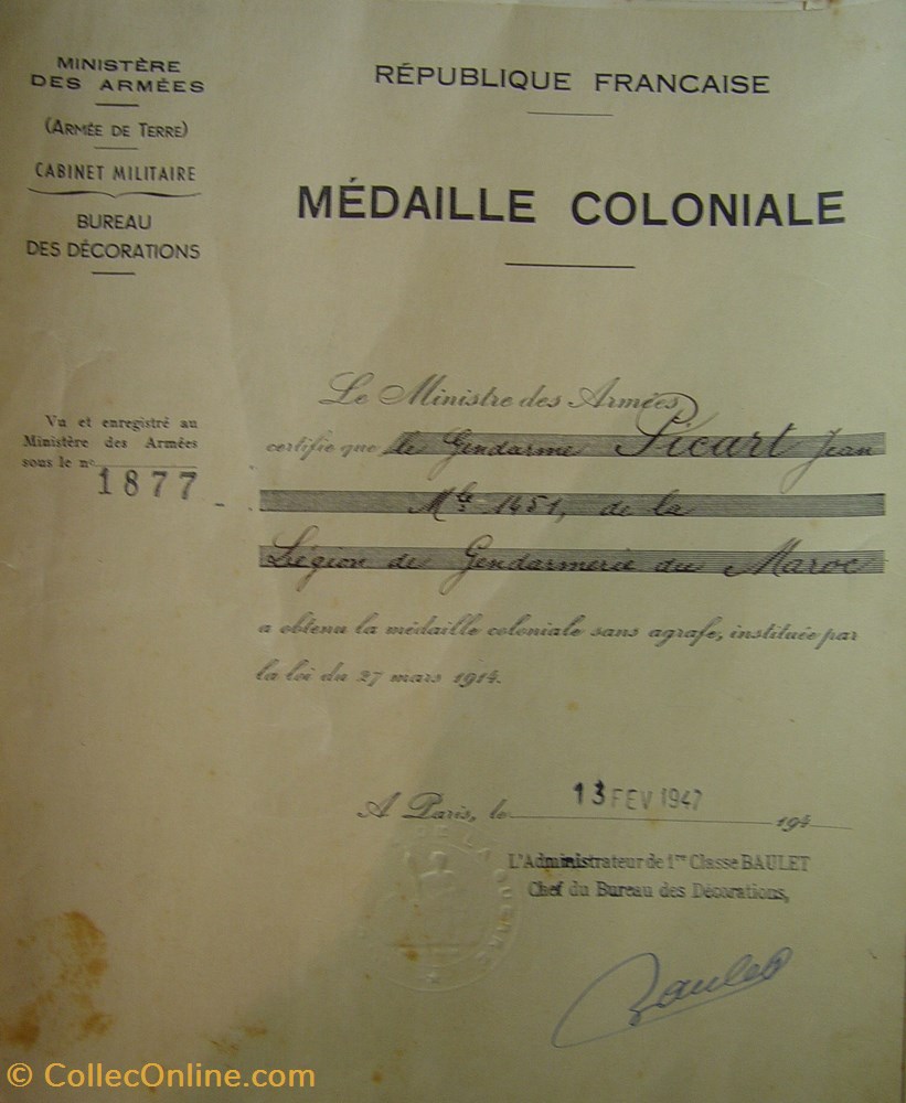 1947 Diplôme de la médaille Coloniale sans agrafe militaria medailles insignes 1947 diplome de la medaille coloniale sans agrafe