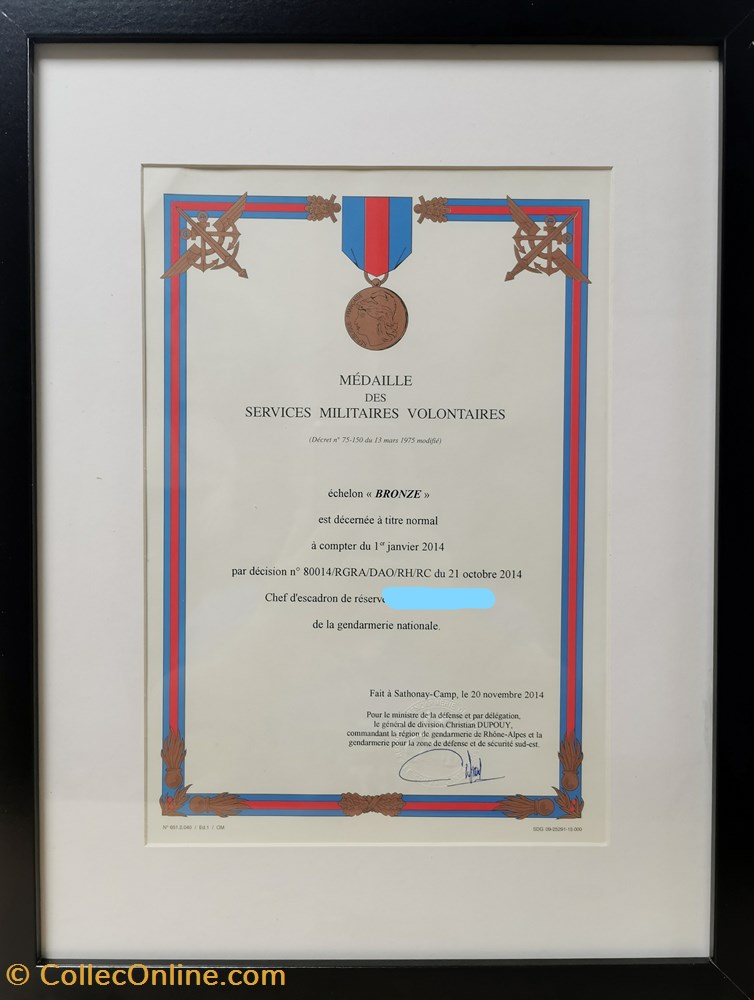 2014 Diplôme de médaille de bronze des Services Militaires Volontaires militaria medailles insignes 2014 diplome de medaille de bronze des services militaires volontaires