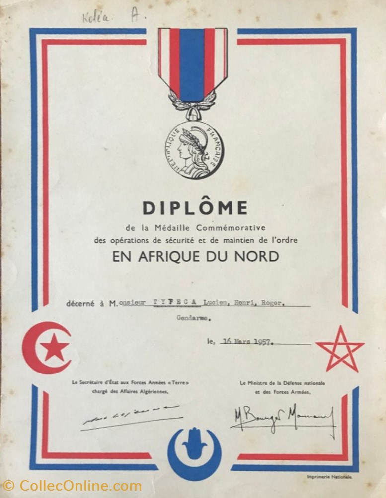1957 Diplôme Médaille commémorative des opérations de sécurité et de maintien de l'ordre en AFN militaria medailles insignes 1957 diplome medaille commemorative des operations de securite et de maintien de ordre en afn