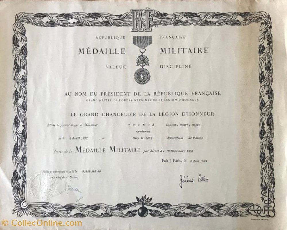militaria medailles insignes 1959 diplome de la medaille militaire