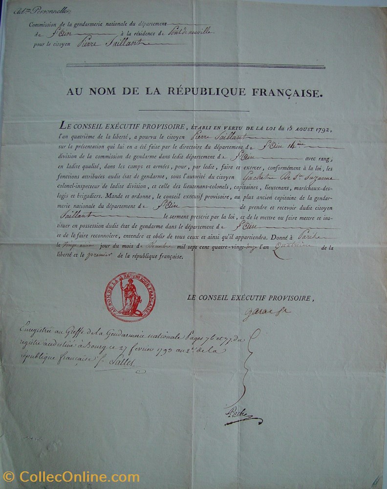 Commission (Nomination) de Gendarme 1792 le 21 décembre documents anciens historiques commission nomination de gendarme 1792 le 21 decembre