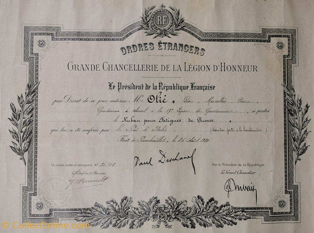 1920 Diplôme de Médaille italienne pour "Fatigues de Guerre" militaria medailles insignes 1920 diplome de medaille italienne pour fatigues de guerre