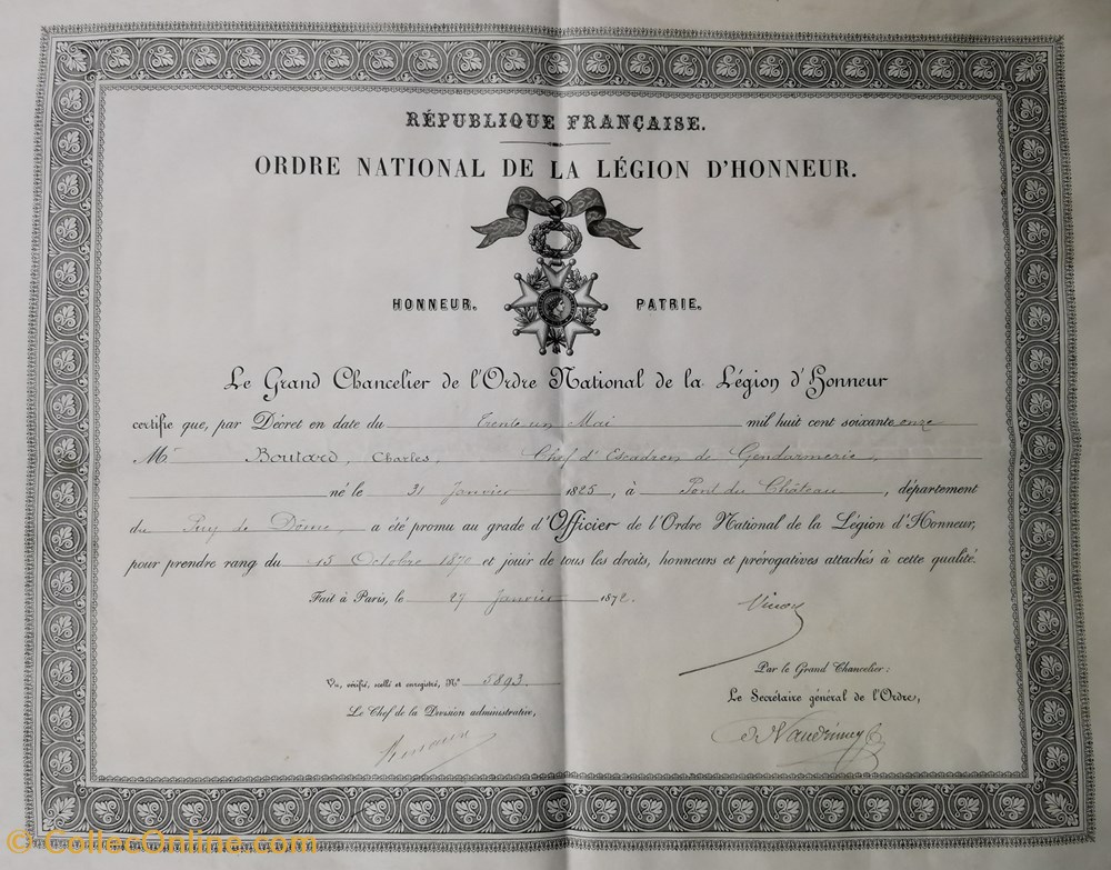 militaria medailles insignes 1872 diplome officier de ordre national de la legion honneur
