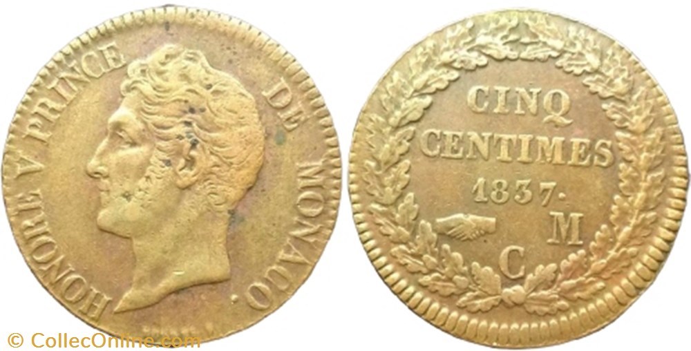 5 centimes Honoré V petite tête 1837 monnaie monde monaco 5 centimes honore v petite tete 1837