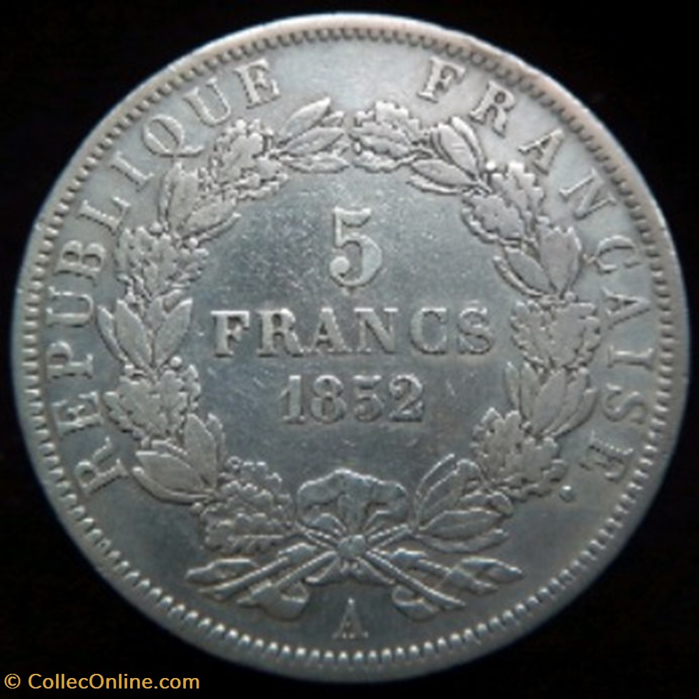 monnaies monde france 5 francs argent louis napoleon bonaparte 2 eme republique 1852 paris