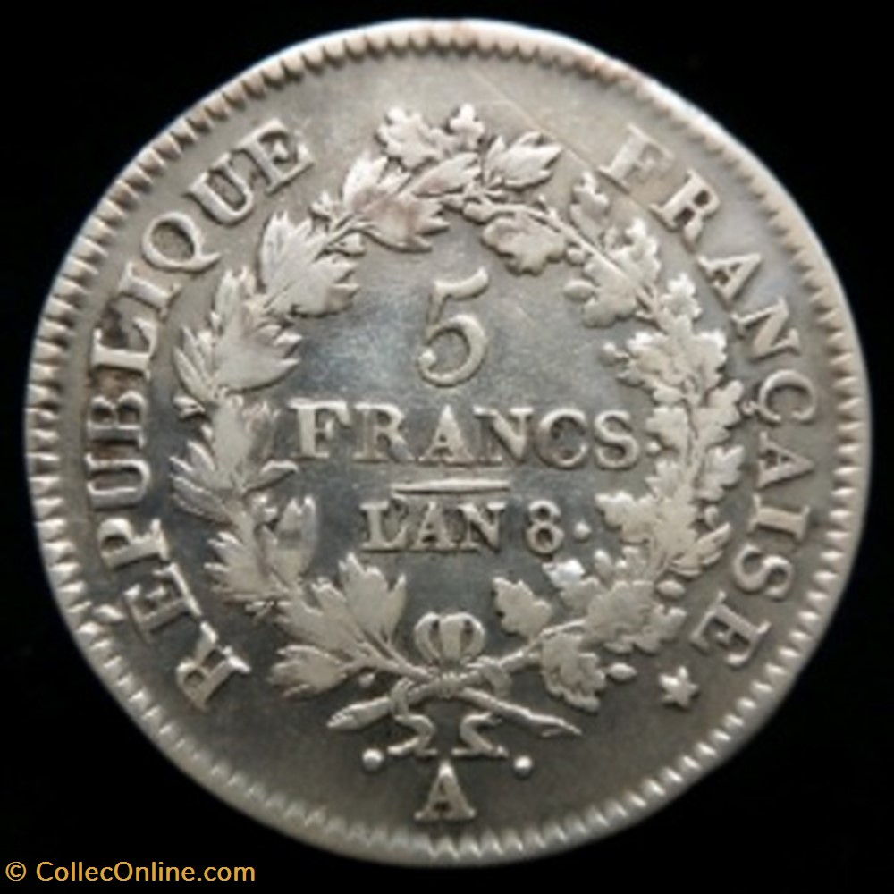 5 francs argent Directoire , Union et Force , Paris l'an 8 (1799) monnaies monde france 5 francs argent directoire union et force paris an 8 1799
