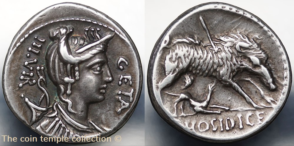 Crawford 407/2, C.HOSIDI C.F GETA IIIVIR (C. Hosidius C.f. Geta) Denar, 68 B.C. munzen antike bis romische imperial und republik crawford 407 2 c hosidi c f geta iiivir c hosidius c f geta denar 68 b c