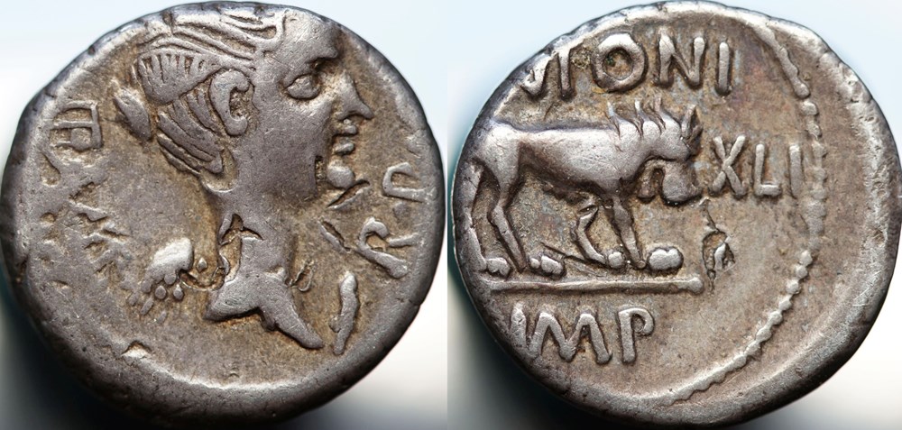 Crawford 489/6 M.ANTONI with M.LEPID(M.Antonius, M. Aemilius Lepidus)Quinarius, 43/42 B.C., Lugdunum munzen antike bis romische imperial und republik crawford 489 6 m antoni with m lepid m antonius m aemilius lepidus quinarius 43 42 b c lugdunum