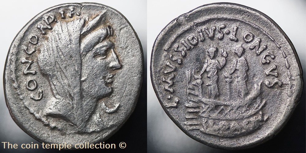 Crawford 494/42c L.MVSSIDIVS T.F.LONGVS IIIIVIR A.P.F. (L. Mussidius Longus) Denar, 42, Rom munzen antike bis romische imperial und republik crawford 494 42c l mvssidivs t f longvs iiiivir a p f l mussidius longus denar 42 rom