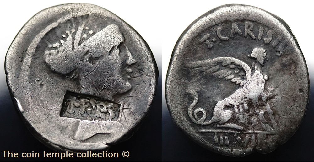 Crawford 464/1 T. CARISIVS IIIVIR (T. Carisius), Denar (countermarked) munzen antike bis romische imperial und republik crawford 464 1 t carisivs iiivir t carisius denar countermarked