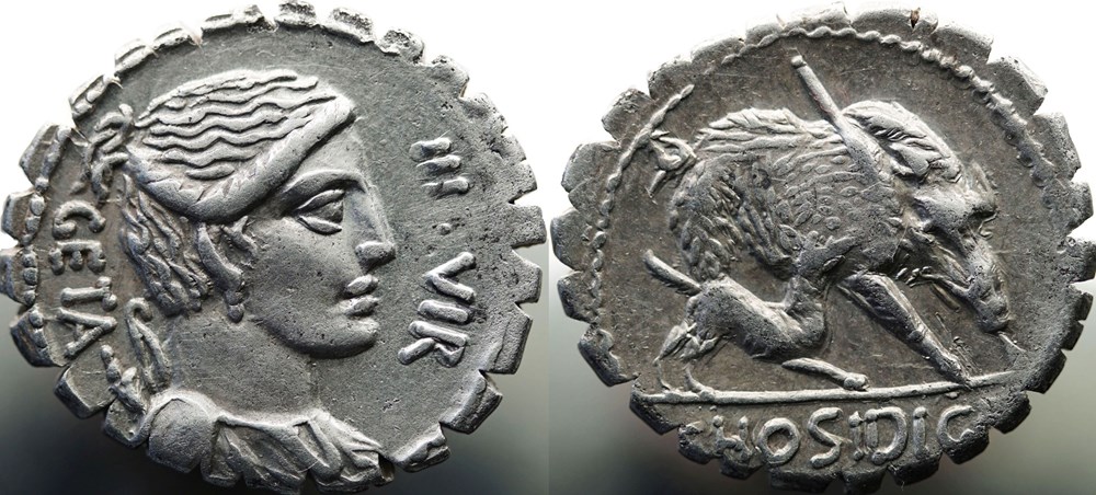 munzen antike bis romische imperial und republik crawford 407 1 c hosidi c f geta iiivir c hosidius c f geta denar 68 b c