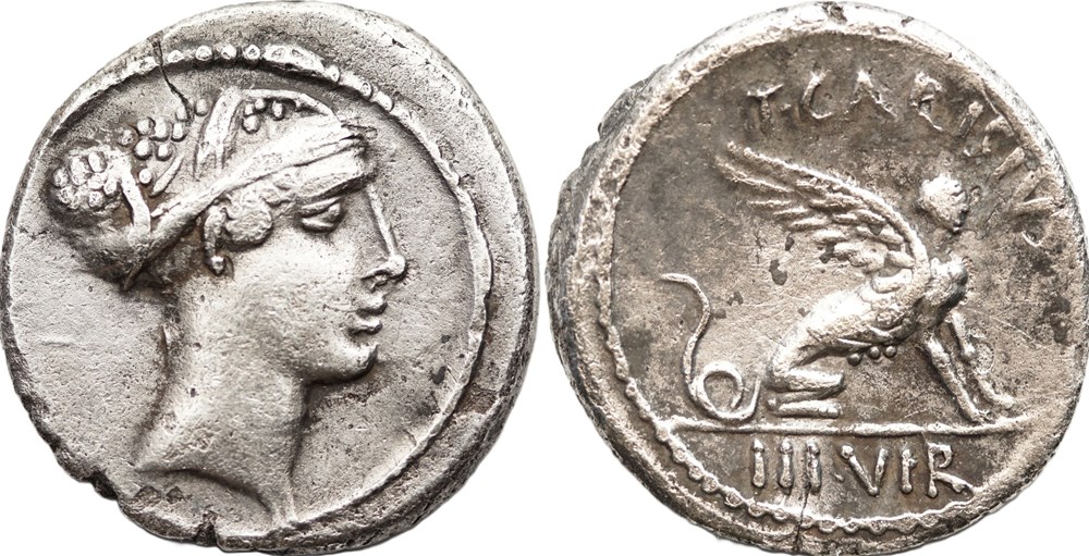 Crawford 464/1 T. CARISIVS IIIVIR (T. Carisius), Denar munzen antike bis romische imperial und republik crawford 464 1 t carisivs iiivir t carisius denar