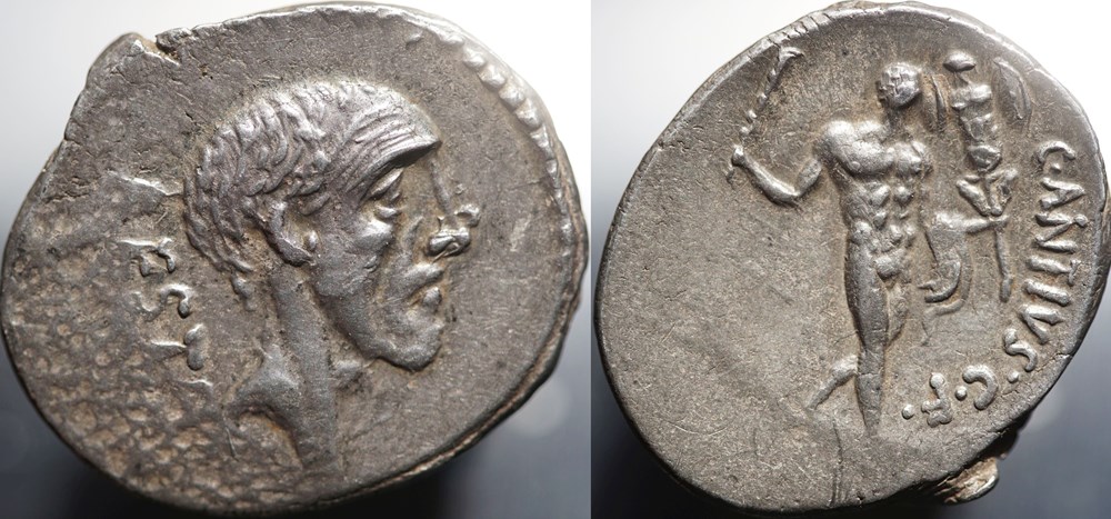 Crawford 455/1a C.ANTIVS C.F RESTIO (C. Antius C. f. Restio) Denarius. For sale/a vendre € 240,- munzen antike bis romische imperial und republik crawford 455 1a c antivs c f restio c antius c f restio denarius for sale a vendre 240