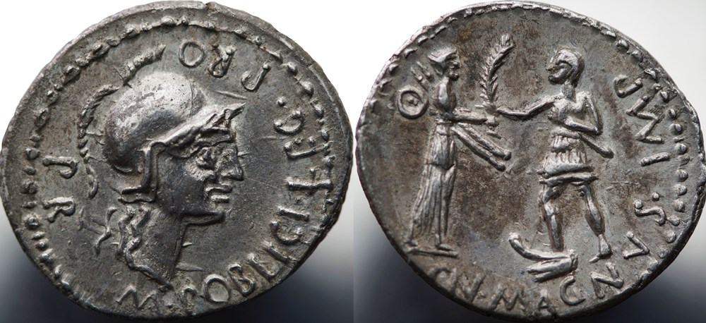 Crawford 469/1a CN MAGNVS IMP.M.POBLICI.LEG.PROPR(Cn. Pompeius Magnus Junior, C. Publicus), 46/45 BC munzen antike bis romische imperial und republik crawford 469 1a cn magnvs imp m poblici leg propr cn pompeius magnus junior c publicus 46 45 bc