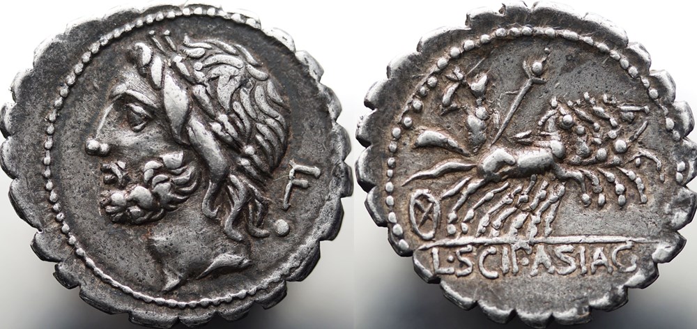 Crawford 311/1a, L.SCIP ASIAG (L. Cornelius Scipio As) Denar (Serratus) munzen antike bis romische imperial und republik crawford 311 1a l scip asiag l cornelius scipio as denar serratus