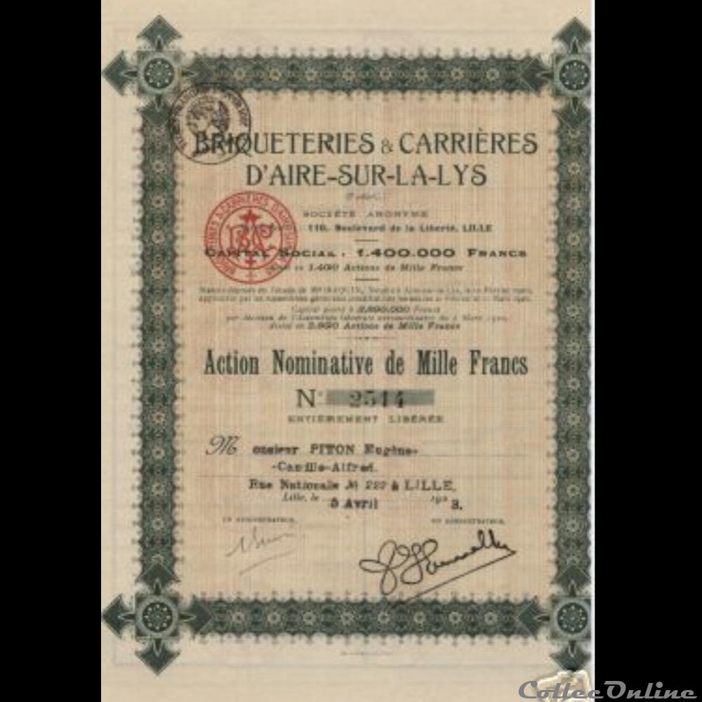 Briqueterie et carrières d’Aire sur la lys vieux papier action titre briqueterie et carrieres d aire sur la lys