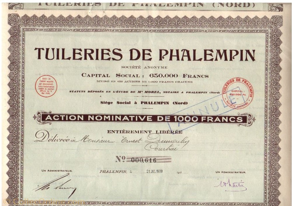 Tuilerie de Phalempin vieux papier action titre tuilerie de phalempin