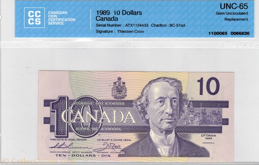 amerique du nord canadum billet de 10 dollar 1989