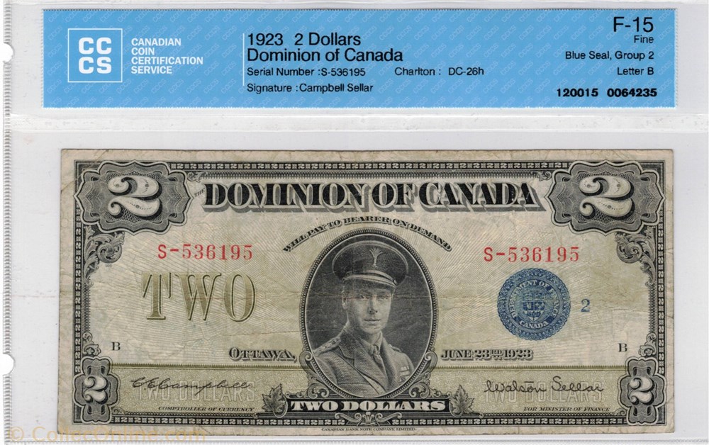 2 dollars 1923 Dominion of Canada billets amerique du nord 2 dollars 1923 dominion of canada